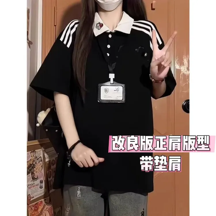2025春季新款大码女装学院风POLO领条纹卡通刺绣短袖上衣T恤