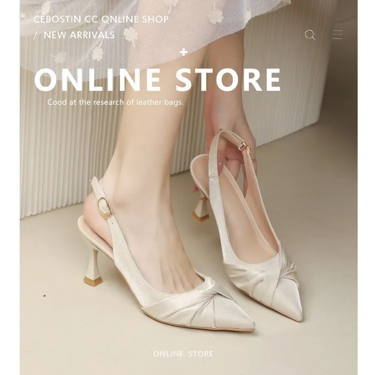 夏季女款小香风尖头细跟包头一字扣带法式凉鞋时尚百搭气质白色