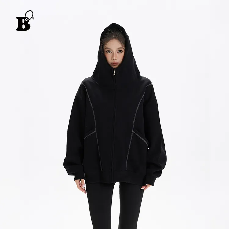 Bo美式高领连帽衣服开衫卫衣女秋季新款拉链卫衣外套大码#C5044