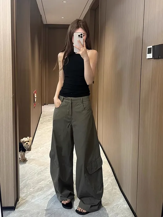 多口袋白色工装裤女秋季新款高腰宽松阔腿拖地裤弯刀裤子美式复古