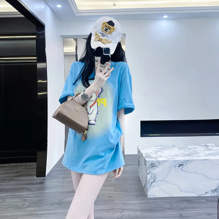 蓝色短袖t恤女2025夏季新款下衣失踪设计感小众半袖印花上衣潮牌