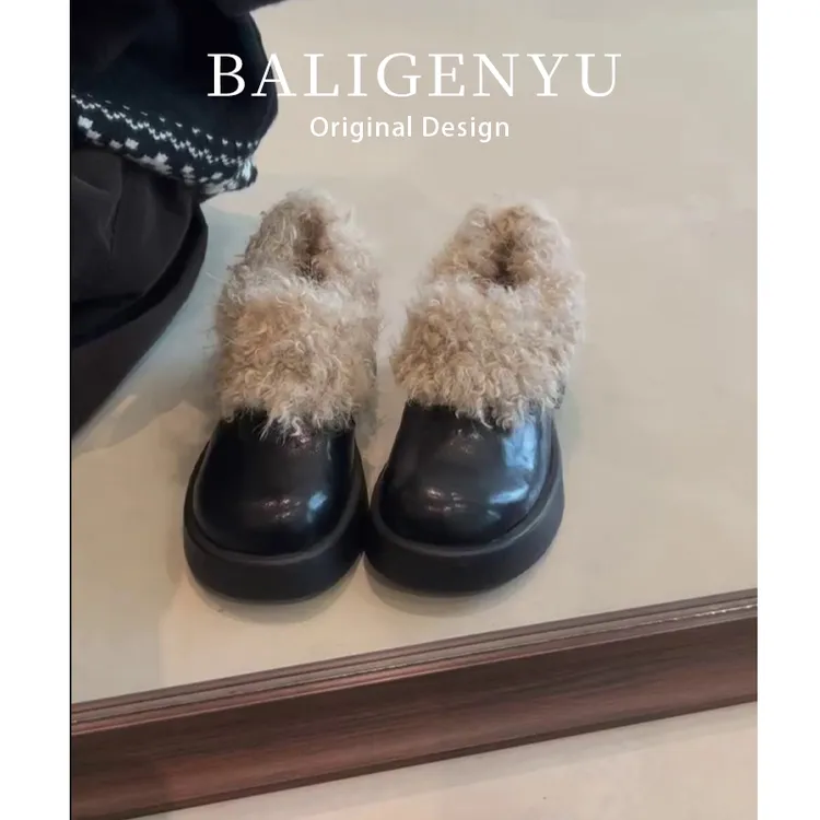 全羊皮~2025复古英伦风毛毛深口单鞋女粗跟加绒保暖真皮乐福鞋