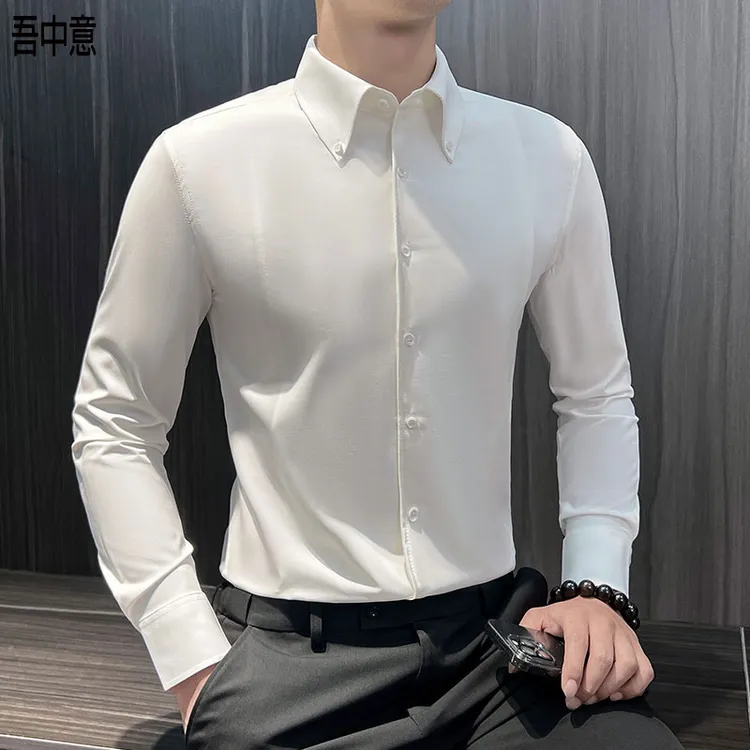 男士衬衫长袖韩版修身春秋商务正装纯色百搭高级感弹力大尖领衬衣