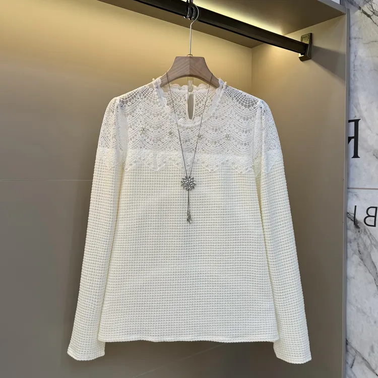 2025秋季新款圆领华夫格高级感盘扣拼接蕾丝精致时尚胖mm上衣895