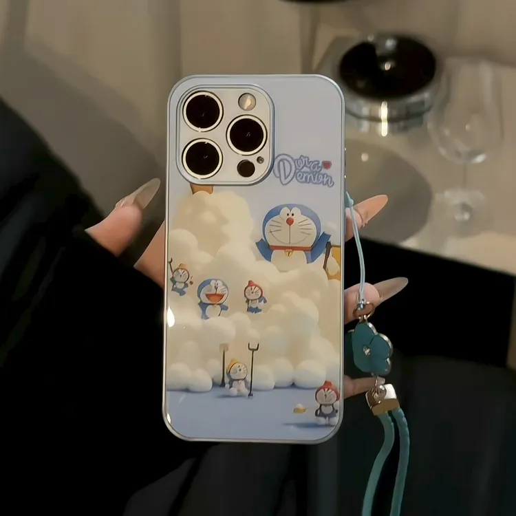 金属直边玻璃适用苹果/华为/小米/vivo/oppo云朵叮当猫挂绳手机壳