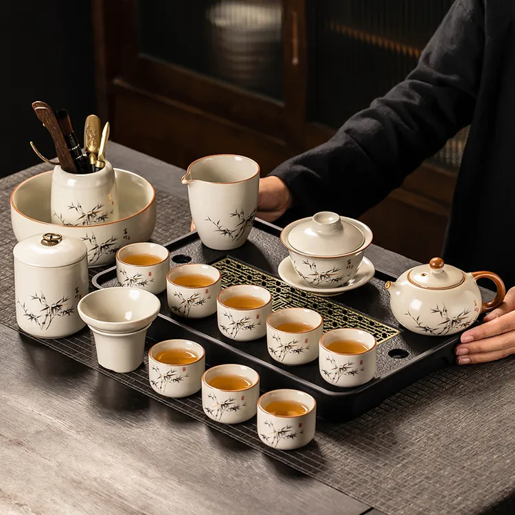 汝窑功夫茶具套装2025新款家用办公茶壶盖碗茶杯茶盘喝茶器礼盒装