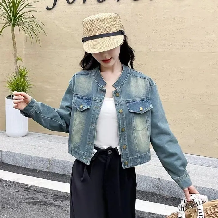 复古立领短款牛仔外套女秋季2025新款港味设计感宽松时尚长袖上衣