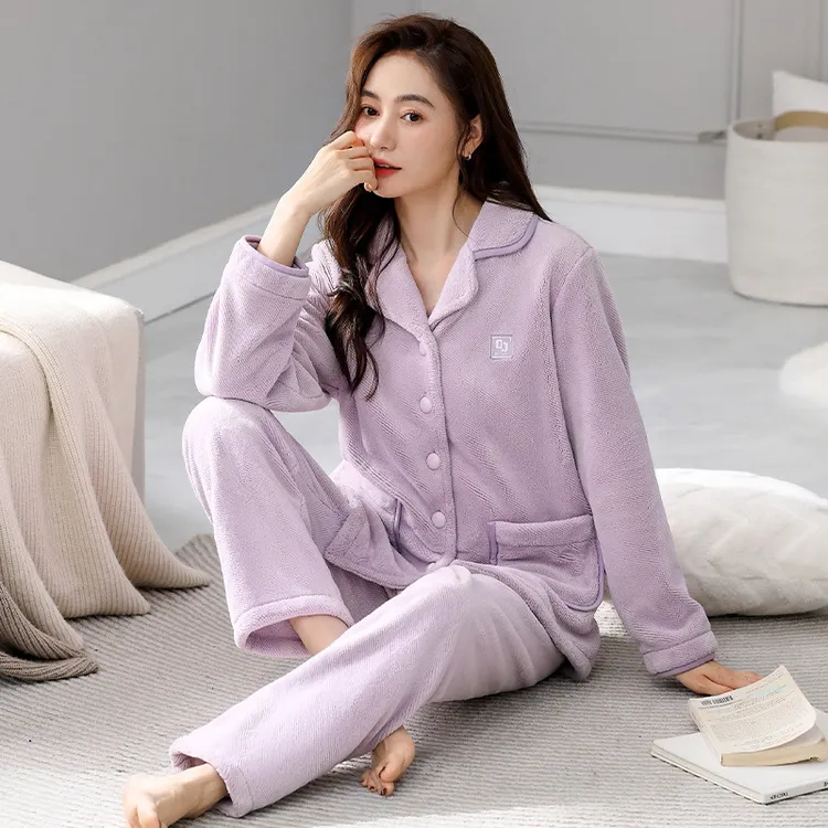 居家轻奢睡衣女冬季法兰绒加厚加绒保暖女士家居服秋冬珊瑚绒女款