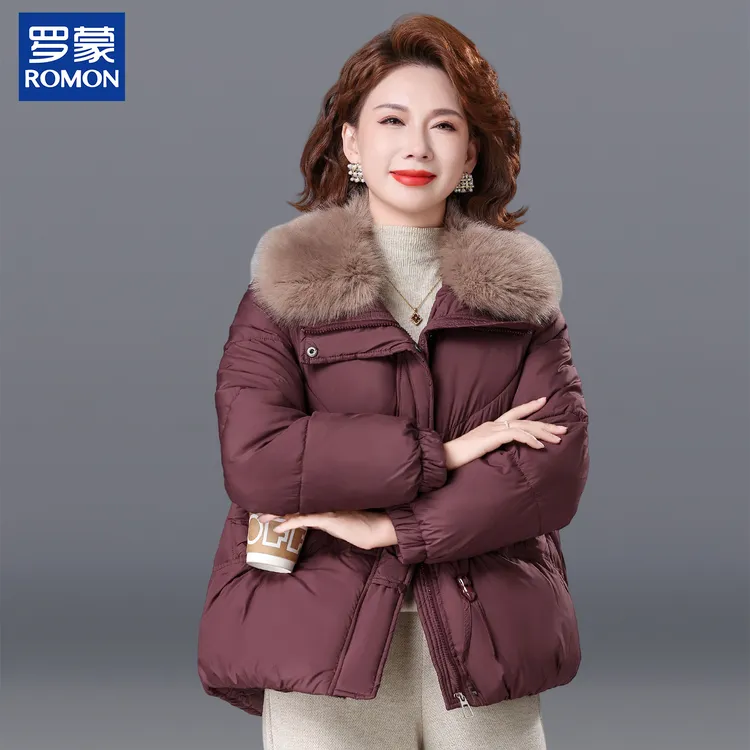 罗蒙妈妈冬装保暖棉服新款纯色带毛领外套保暖中老年女士冬季棉袄
