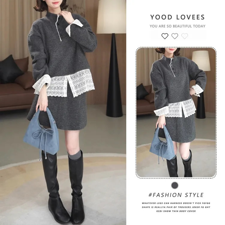 2025秋冬新款撞色休闲拼接蕾丝下摆高级感卫衣加厚显瘦短裙两件套