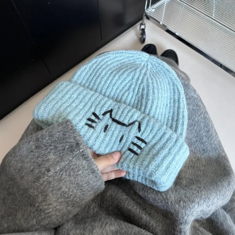 可爱猫咪帽子女款冷帽秋冬针织帽显脸小毛线帽防风护耳韩系堆堆帽