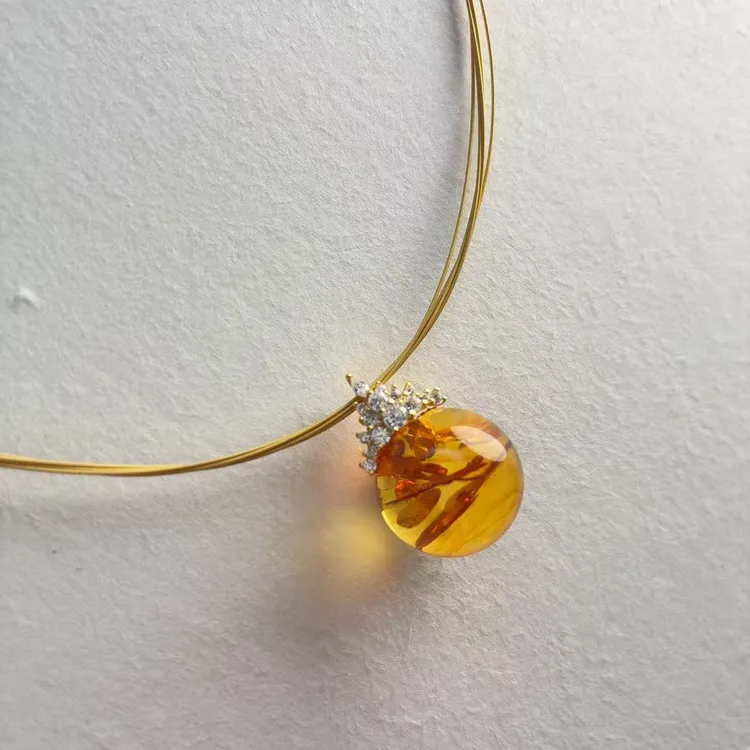 15mm天然俄罗斯花珀单珠吊坠 简约时尚气质百搭 满金花琥珀吊坠