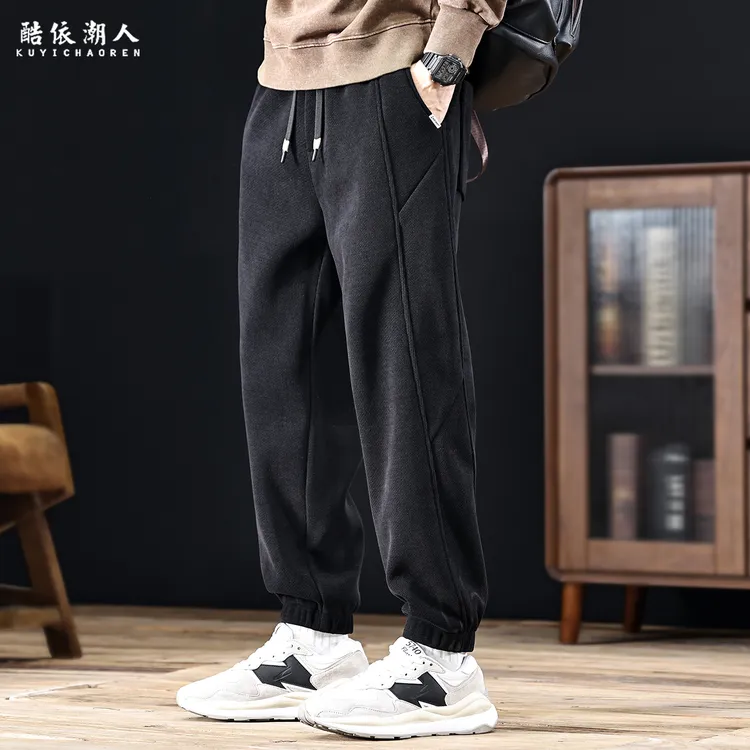 酷依潮人加绒加厚休闲裤男士秋冬季2025新款宽松大码运动束脚卫裤