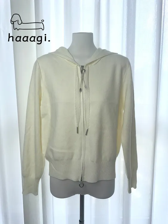 haaagi.韩系休闲针织上衣衫帽衫连帽蕾丝系带双头拉链