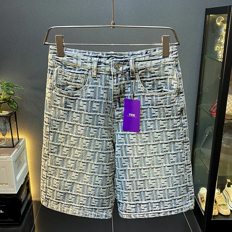 GS美式高街痞帅提花牛仔短裤男士夏季宽松直筒高级感阔腿五分中裤