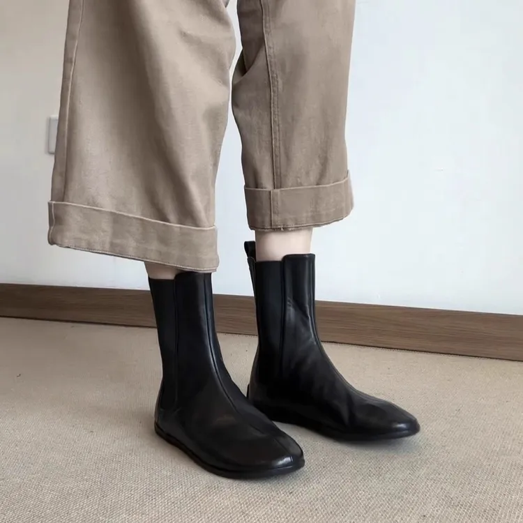 羊皮版~2025秋冬新款法式平底切尔西靴女黑色中筒百搭瘦瘦靴短靴