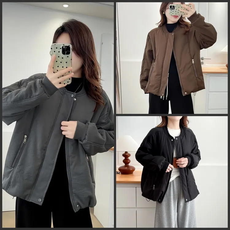 115-200斤大码女装胖mm秋冬棒球领简约纯色中厚保暖棉衣棉服外套