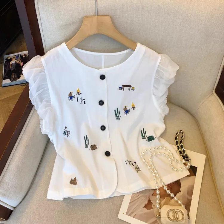 女童棉麻背心马夹夏季新款泡泡袖开衫上衣中大童重工刺绣洋气衬衫