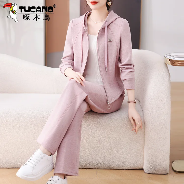 啄木鸟连帽开衫卫衣运动服套装女春秋新款洋气妈妈春装两件套