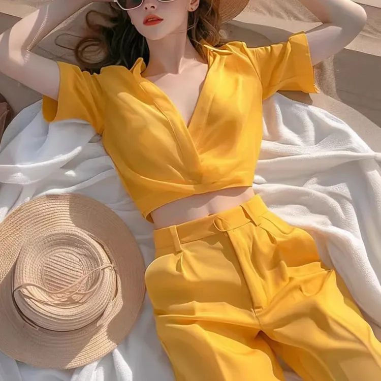 夏日多巴胺松弛感穿搭炸街减龄时尚黄色衬衫女装套装裤轻