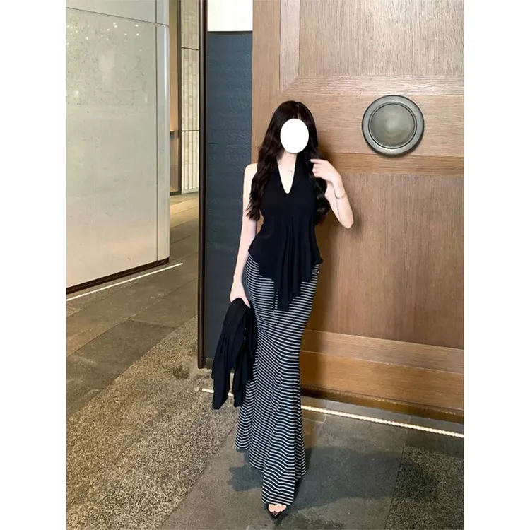 纯欲御姐风挂脖吊带开衫上衣女高腰显瘦包臀鱼尾半裙秋季三件套装