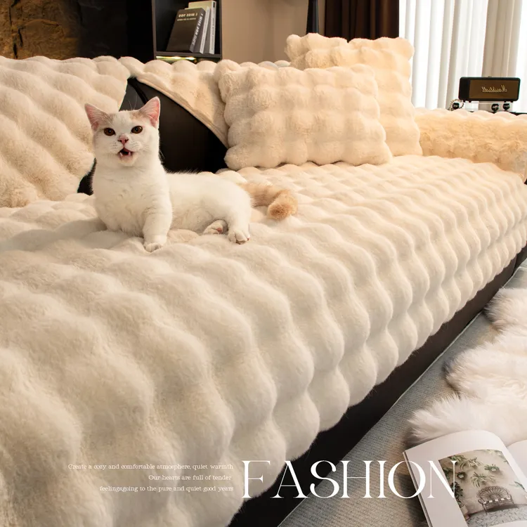 霏淘2025新款奶油风沙发垫秋冬款加厚兔毛绒固定防滑直排沙发坐垫