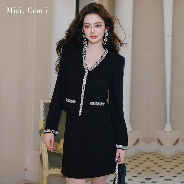 Misi,Camii2025早秋新款女装钉钻织带箱型V领外套名媛小香风穿搭