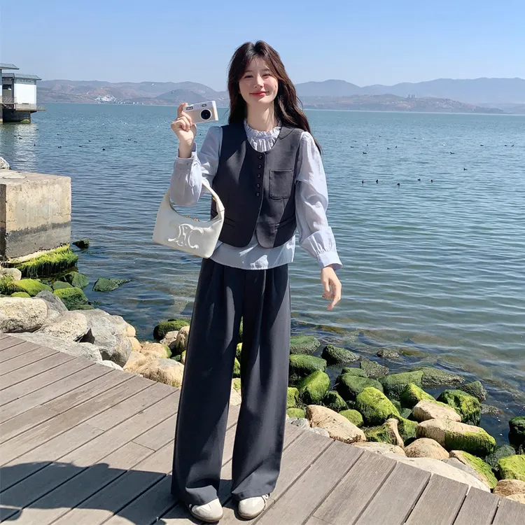 甜酷风套装裤女2025早春新款韩系穿搭慵懒风马甲衬衫阔腿裤三件套