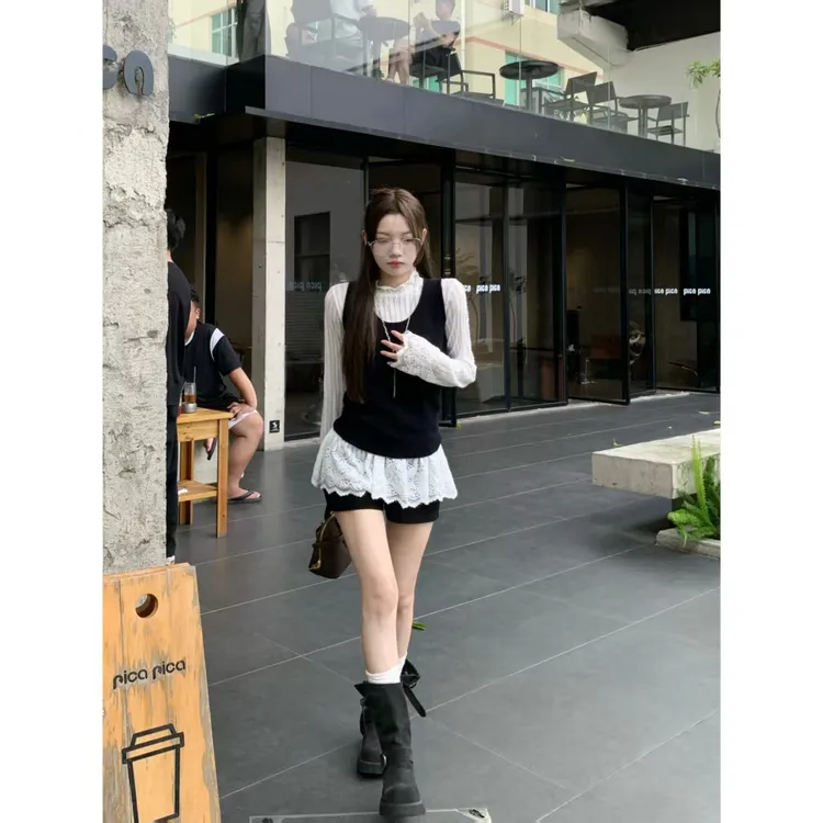 早秋新款复古设计感衬衫~舒适百搭毛衣背心上衣套装女Y3577