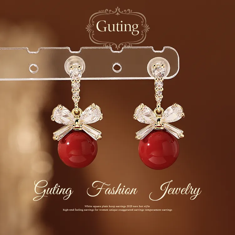 铜合金合成锆石耳饰 23420红色蝴蝶结耳环女巨好看耳钉高级耳饰