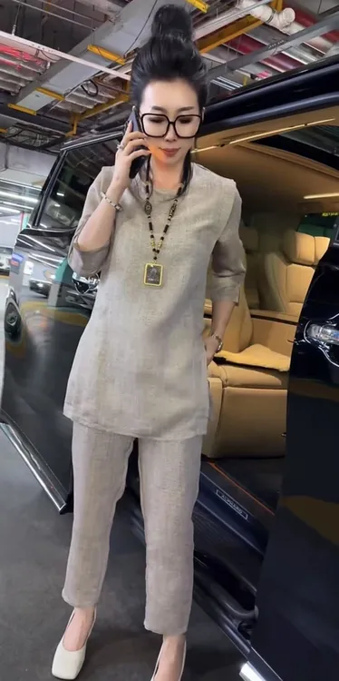 休闲风时尚套装纯色高级感麻面开叉套春夏显瘦宽松连衣裙百搭夏季