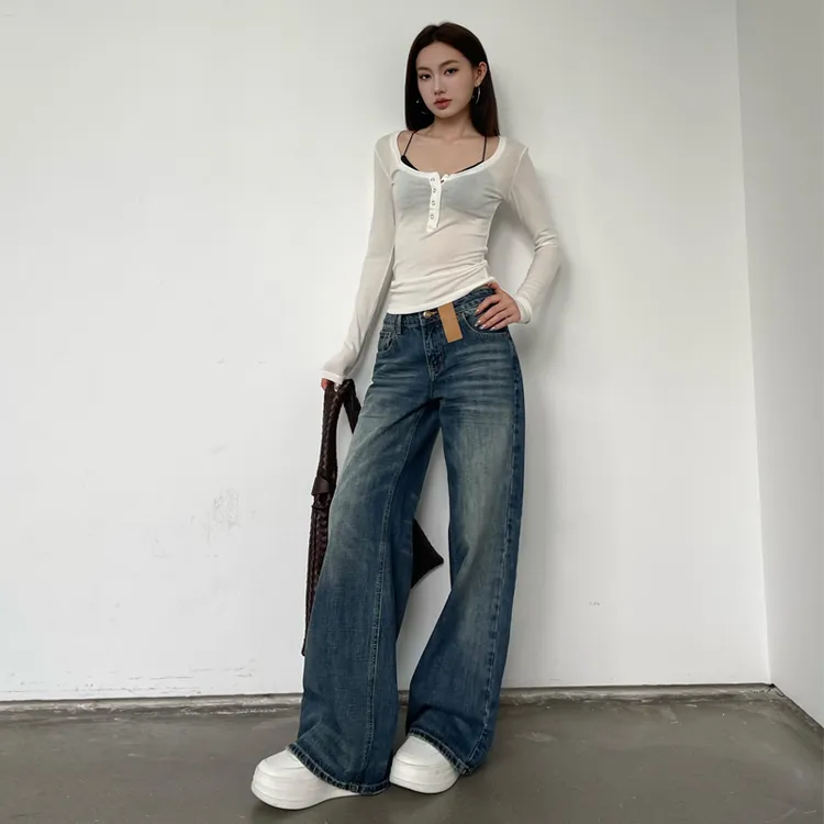 华利尔斯复古水洗阔腿牛仔裤女宽松显瘦直筒裤休闲裤拖地裤长裤子