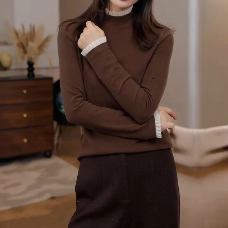 小众设计感花边半高领T恤女秋冬新款保暖打底衫气质减龄内搭上衣