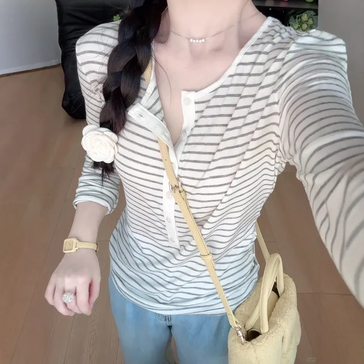 韩系条纹慵懒松弛感长袖T恤女2025秋季新款宽松百搭套头打底衫ins