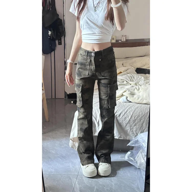 微胖mm辣妹多口袋休闲设计感牛仔裤女秋季新款低腰复古迷彩工装裤