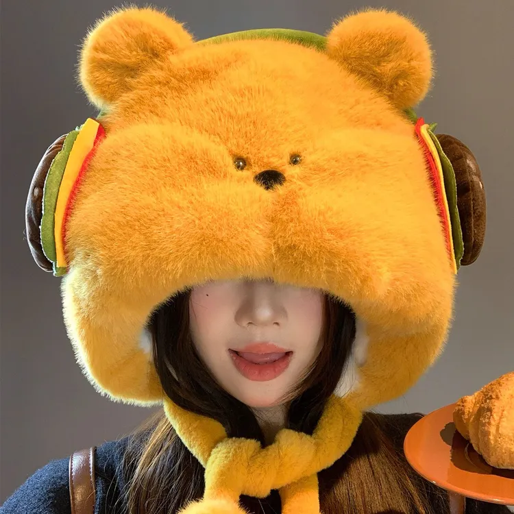 可爱汉堡小熊毛绒帽子女秋冬加绒加厚保暖大头围显脸小护耳雷锋帽