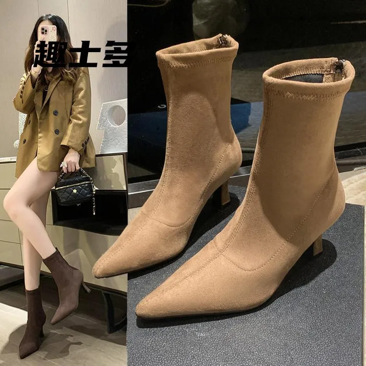 尖头高跟短靴女2025新款夏季绒面细跟裸靴弹力瘦瘦靴袜靴马丁靴子