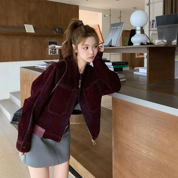 红色丝绒牛仔外套女春秋2025新款百搭洋气休闲夹克今年流行高级感