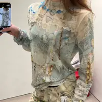 【lunan】ac蕾丝印花拼接网纱防晒打底衫