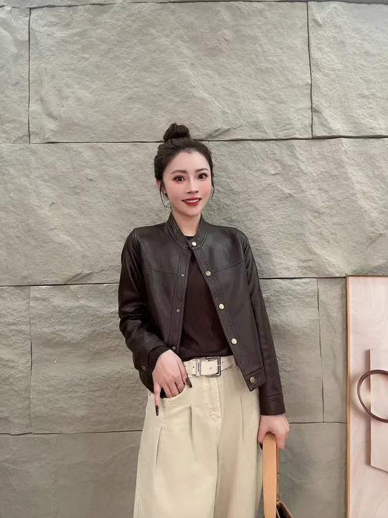 （随性时光）2025年立领皮衣外套机车夹克外套5829春秋短款女士