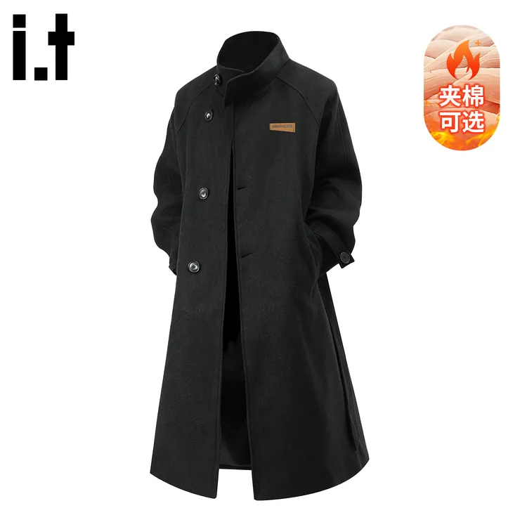 it :CHOCOOLATE黑色高级感中长款风衣男冬季夹棉加厚宽松毛呢外套