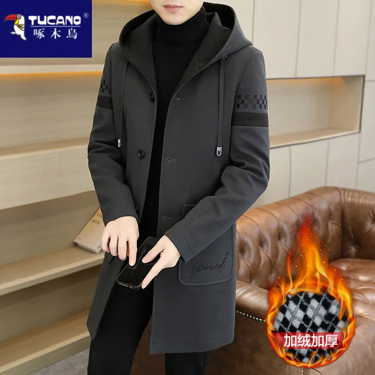 啄木鳥冬季厚款绵羊毛呢子大衣韩版修身型男士潮流风衣外套多口袋