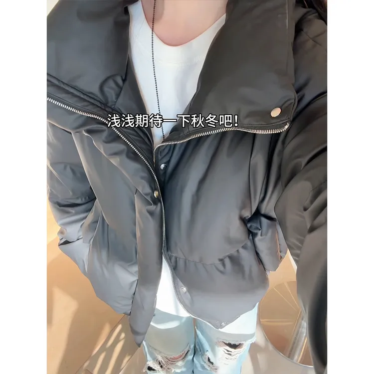 50白鸭绒黑色PU皮短款羽绒服男款冬季加厚保暖防水面包服情侣棉服