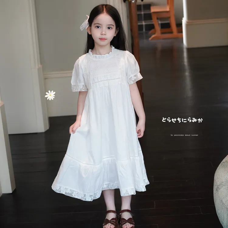 AnnieGIrl夏季法式甜美风白色泡泡袖蕾丝连衣裙女童重工公主裙