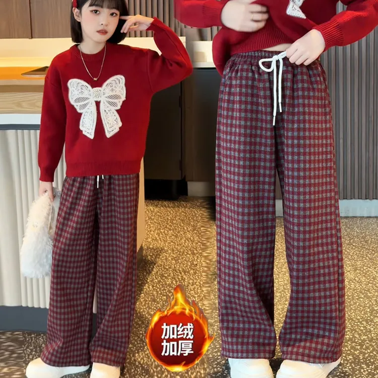 女童加绒裤秋冬新款中大童卫裤双旦新年红色毛衣保暖窄版休闲裤厚