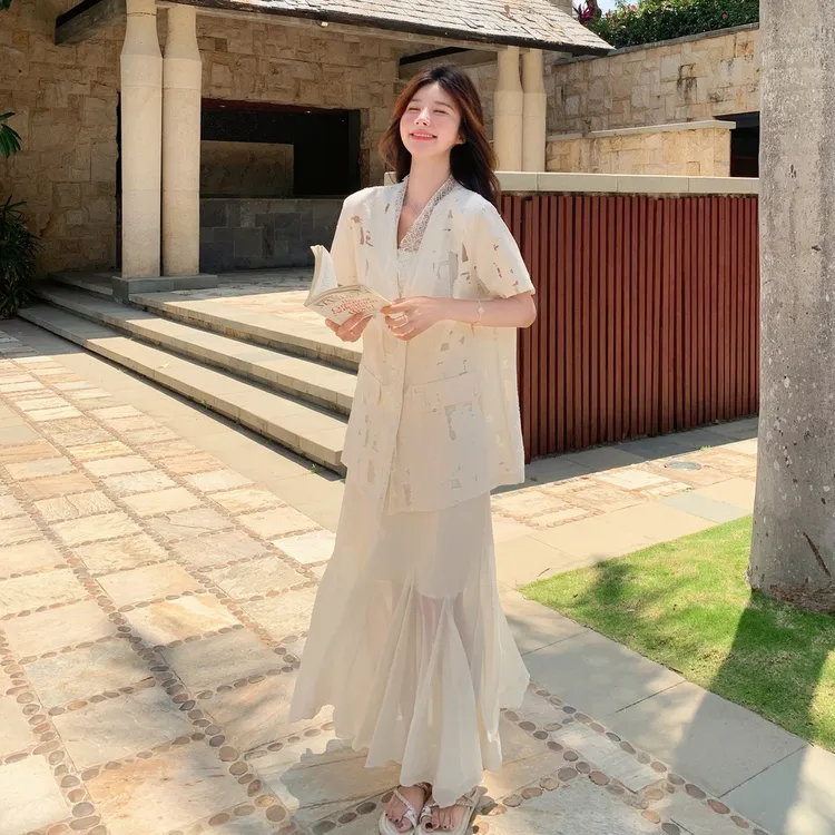 小众不撞款镂空西装吊带连衣裙女2025夏季新款超仙鱼尾长裙两件套