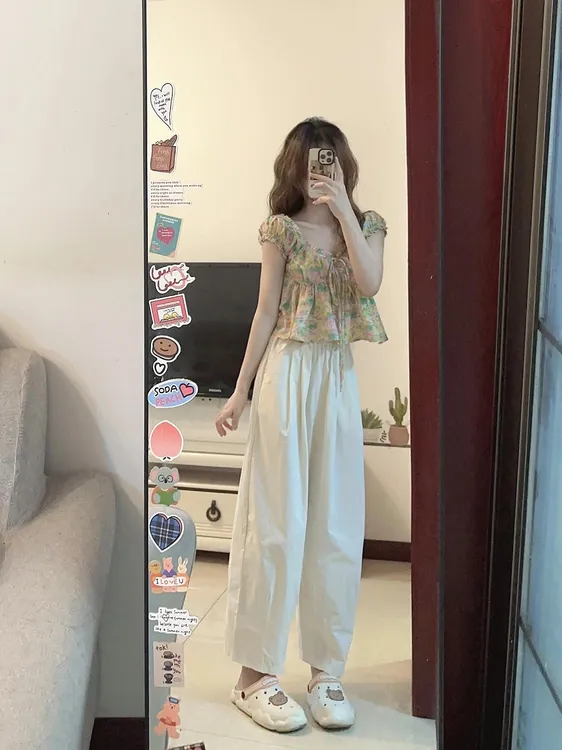 夏季网红盐系穿搭轻熟风甜美温柔小个子碎花上衣阔腿裤两件套装女