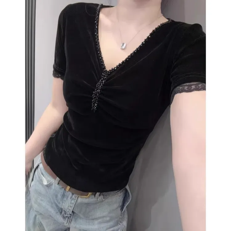 芊芊芙性感V领拼接蕾丝短袖T恤女钉珠气质紧身弹力小衫上衣欧货夏