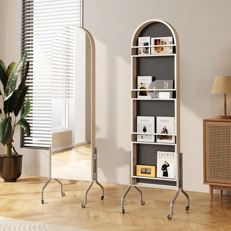 可移动书架全身镜中古风收纳杂志架落地书报展示置物架旋转穿衣镜