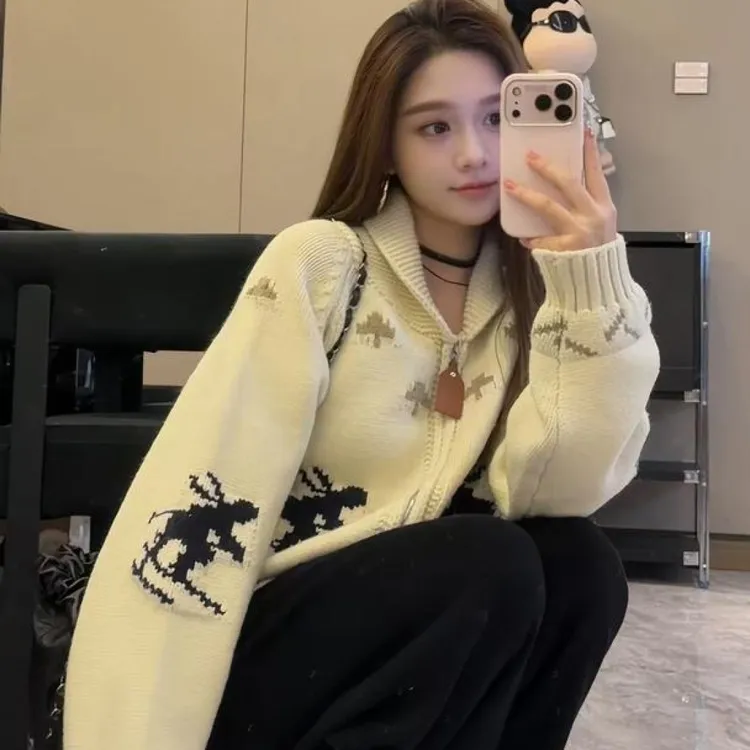 EARUERE518新款韩国原单秋冬麋鹿拉链重工加厚羊毛开衫